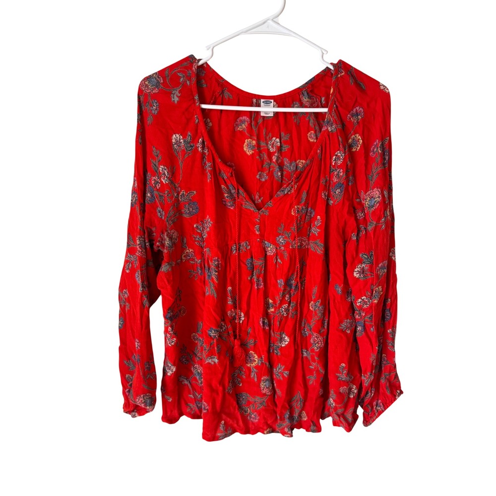 Old Navy Red Floral Boho Peplum Blouse V-Neck Tassel Tie Top Large